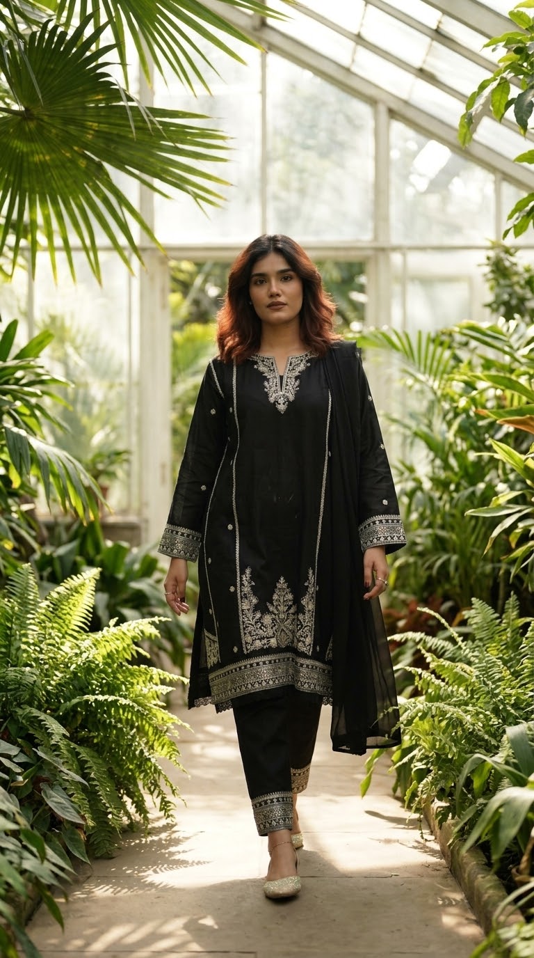 Black Cotton Embroidered 3-Piece Suit – Silver & Gold Floral Elegance