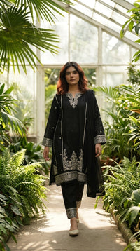 Black Cotton Embroidered 3-Piece Suit – Silver & Gold Floral Elegance