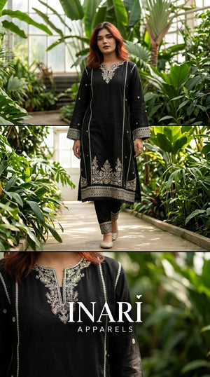 Black Cotton Embroidered 3-Piece Suit – Silver & Gold Floral Elegance