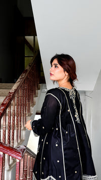 Black Cotton Embroidered 3-Piece Suit – Silver & Gold Floral Elegance