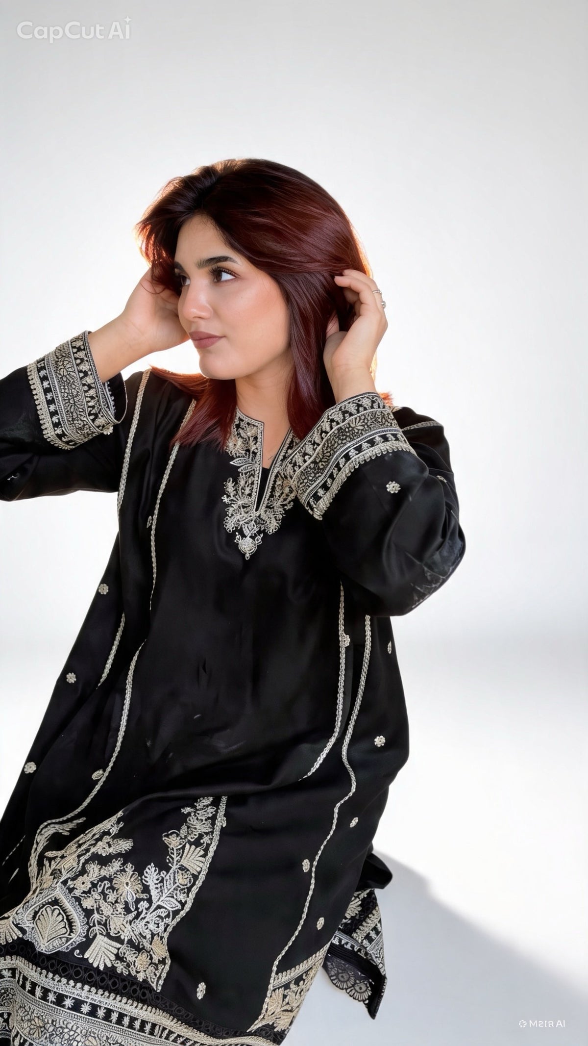 Black Cotton Embroidered 3-Piece Suit – Silver & Gold Floral Elegance