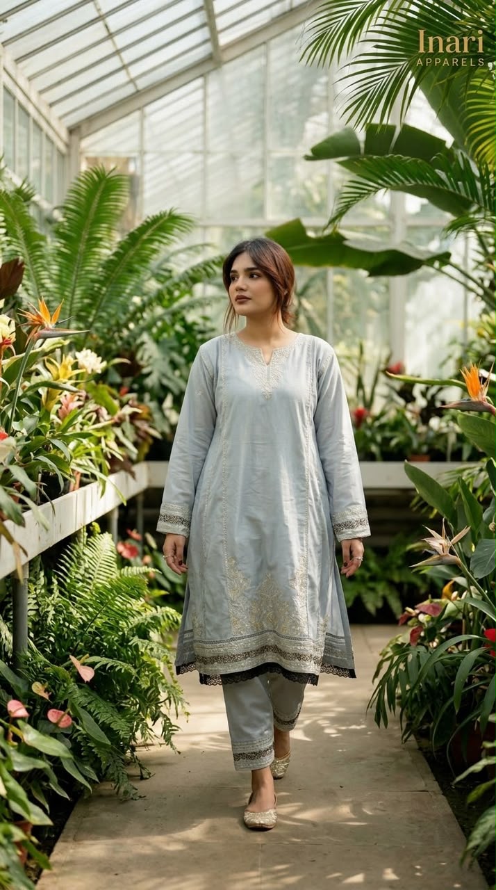 Gray Cotton Embroidered 3-Piece Suit - Silver & Gold Floral Elegance