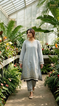 Gray Cotton Embroidered 3-Piece Suit - Silver & Gold Floral Elegance