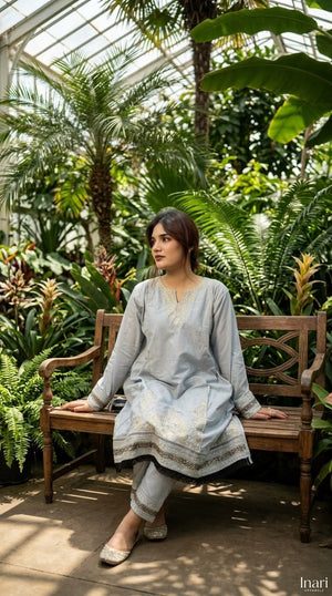 Gray Cotton Embroidered 3-Piece Suit - Silver & Gold Floral Elegance