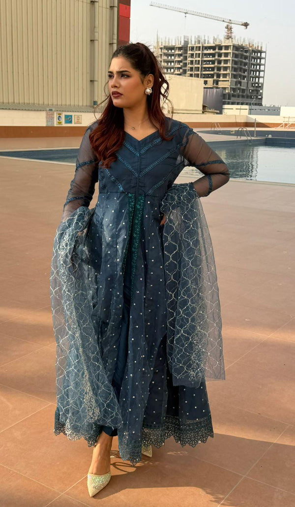 Midnight Teal Grace – Embroidered Organza 3PC Festive Ensemble